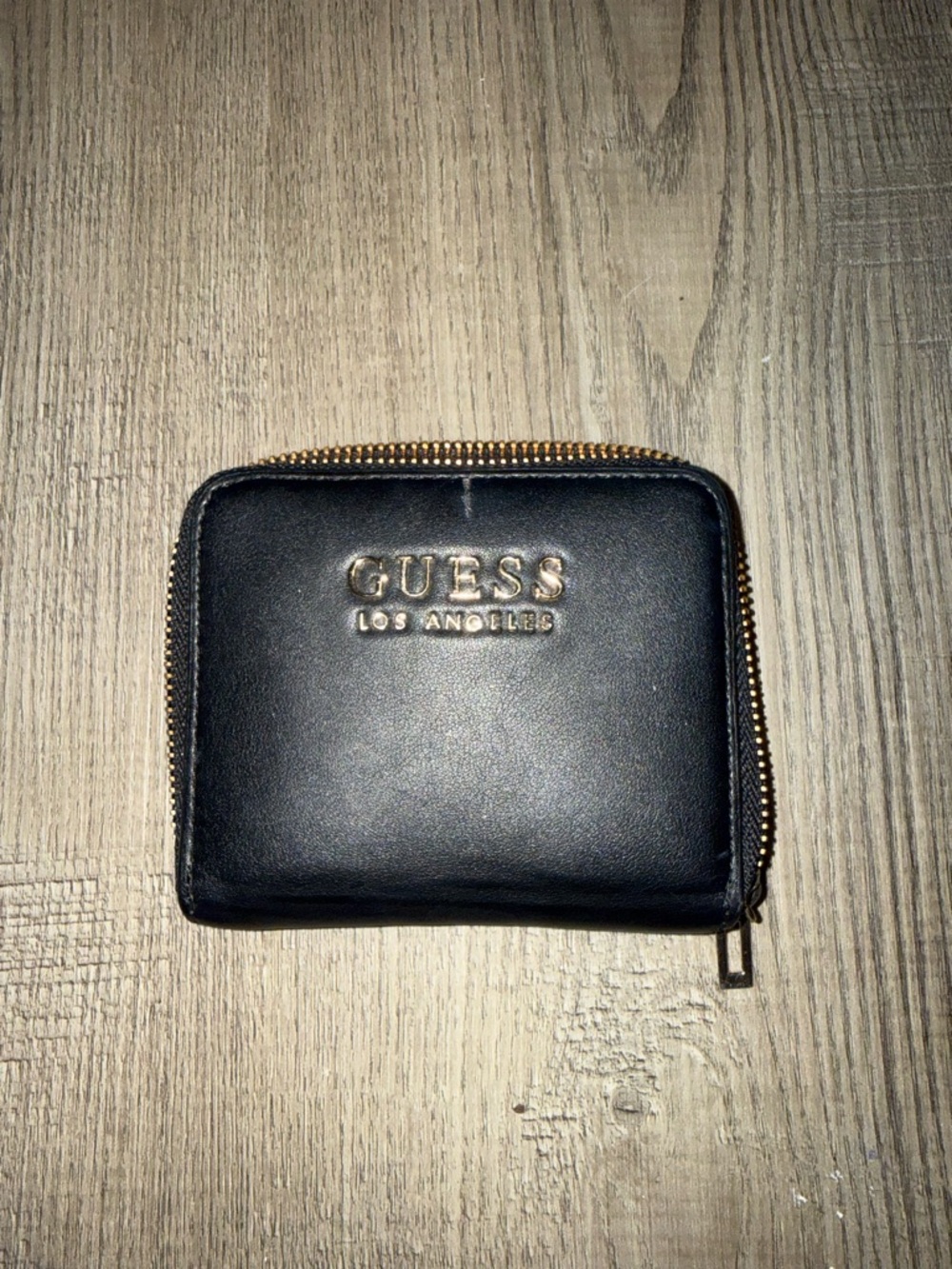 GUESS Black Leather Zip-Around Coin Wallet with Gold Logo